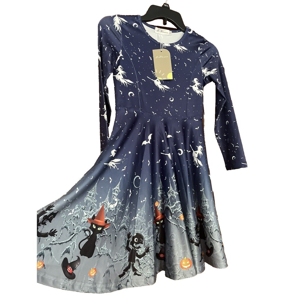 LaBeca Girls Dress Long Sleeve Halloween Witch Cat Starry Night Size L Youth